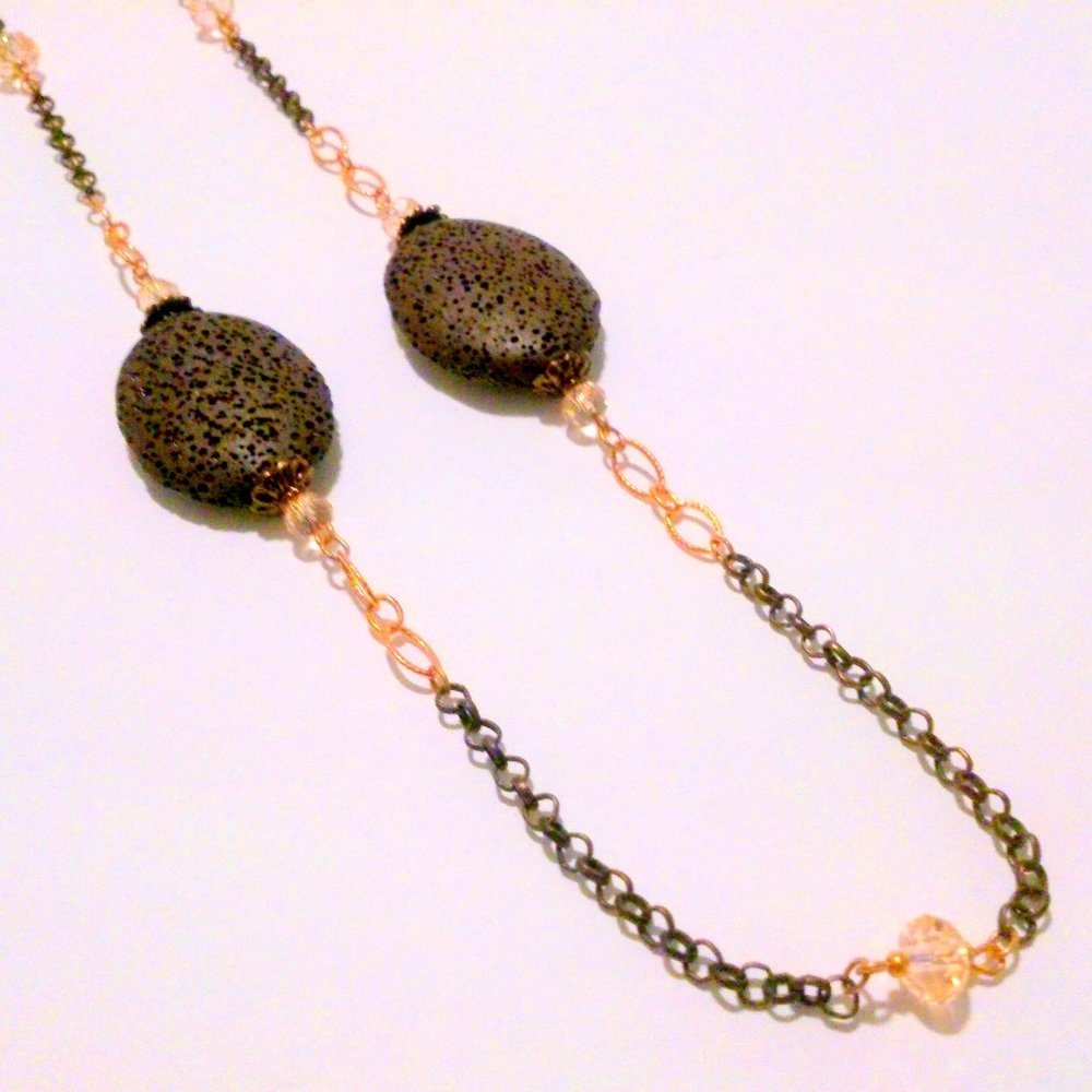 Alexis K Crystal Copper Tone Lava Rock Crystal Station Chain Necklace NWT *